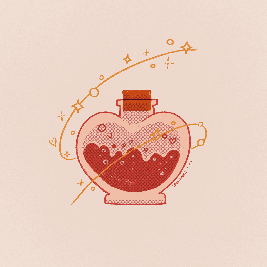 Illustration of a sparkly fizzy potion in a heart-shaped bottle