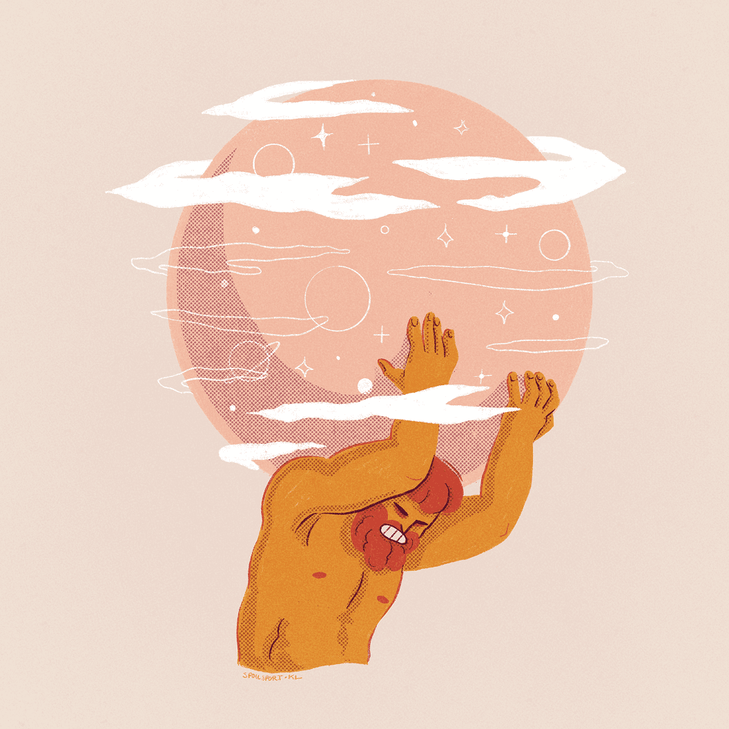 Image of a titan struggling to hold up a planet